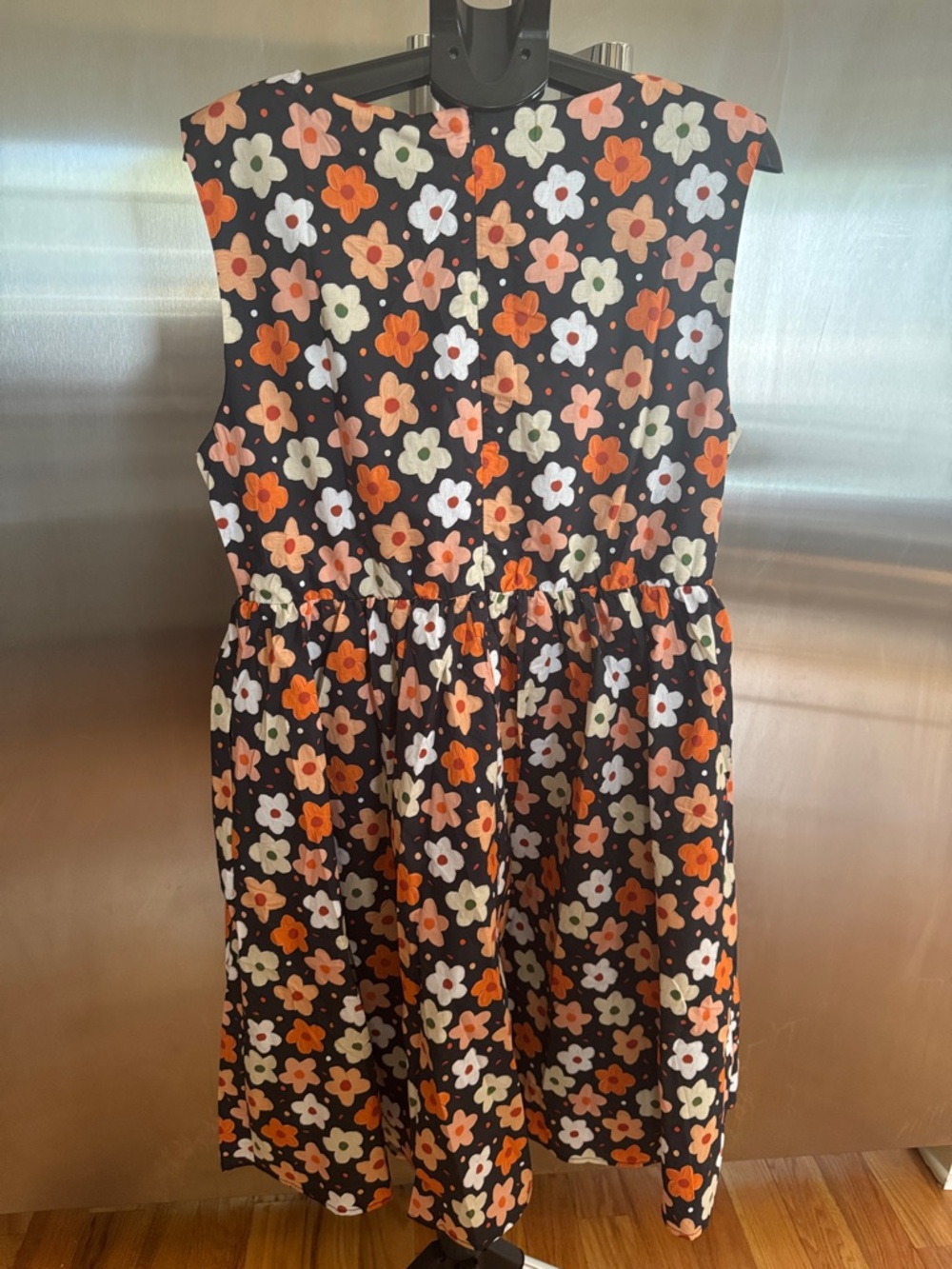 Black Floral Sleeveless women’s Dress with Orange and Cream Flowers - Picture 7 of 11